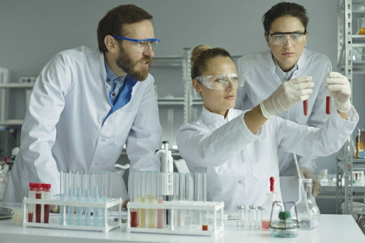 Equipe de laboratório analisando amostras