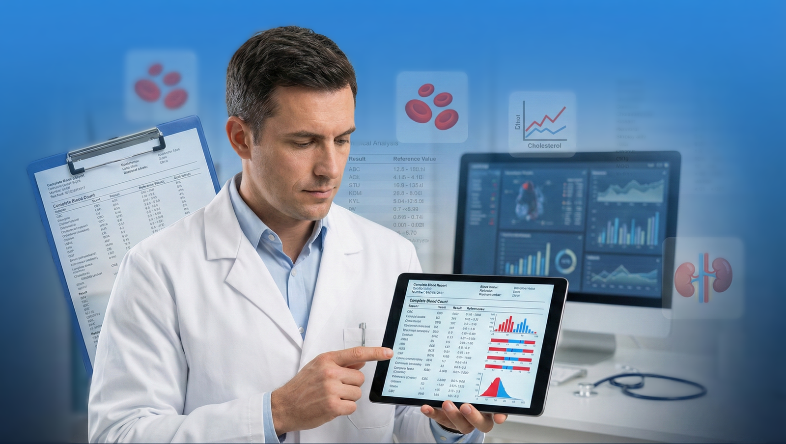 Especialista em gestão laboratorial analisando prancheta